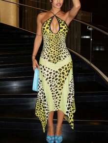 Leopard Print Backless Fitted Camisole Dress, Summer - Yellow - View 5