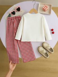 Conjunto de camiseta de manga larga con estampado de cerezas y pantalones rectos a cuadros rojos y blancos para niñas, otoño - Beis - Ver 3