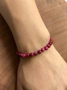 6毫米天然粉红虎眼石珠手工手链，招财进宝，时尚腕饰 | 朋友鼓励合成宝石配饰 - 玫紅色 - 查看 3