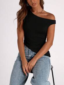 Women's Summer Off-The-Shoulder Sweet Cool Short Top Sleeveless Single Shoulder Pleated Asymmetrical Y2K Going Out Vest Tops For Women - 黑色 - 查看 4