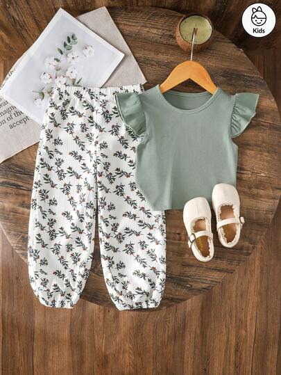Young Girl Sweet Round Neck Flying Sleeves+Trousers Holiday Style Two Pieces Set, Solid Color Top+Flower Pattern Elastic Leg Pants, Casual Sports Suit Two Pieces Set, Suitable For Walking/Sports/Back To School And Daily Walking Casual Wear, Children's Casual Suit, Summer Casual Daily Wear And School Wear, Parent-Child Wear, Sisters Wear..