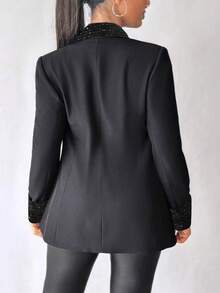 Women's Elegant Sequin Lapel Blazer Jacket, Solid Polyester Long Sleeve Regular Fit, All Season Woven Jacket With Contrast Details - màu đen - Xem 2