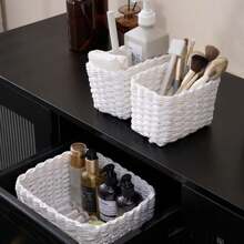 Cesta de almacenamiento de cuerda de papel redonda suave tejida de paja hecha a mano, para organizar contenedores de almacenamiento decorativos, caja de almacenamiento de oficina, 1/3 Uds. - Negro - Ver 4