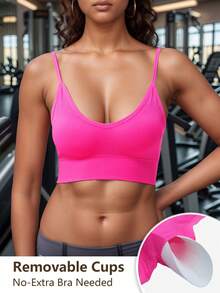 1pc Classic Ribbed, High Stretch Yoga Bra, Shock-Proof Seamless Fitness Camisole, Adjustable Strap, Backless Breathable Sports Bra - Pink - View 3