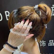 6pcs Transparent Telephone Wire Scrunchies,Small Rubber Hair Bands, Hair Ties For Women, Black & White Hair Clips For Ponytail - Multicolor - View 3