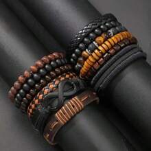 24pcs Men Fashion Accessory Set, Street Style Faux Leather & Wood Bead Bracelets, Versatile Layered Design For Casual Wear, With Multipack For Gifts (Box Not Included)