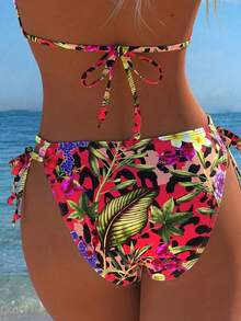Floral Print V-Neck Halter Sexy Backless Beach Vacation Bikini Set Set - Multicolor - View 4