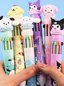 Sanrio 1/6支装 按压式十色圆珠笔 卡通可爱库洛米多色凝胶笔 旋律文具 可爱书写笔 返校学习用品（部分笔款随机发货）