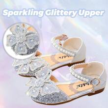 1 Pair Fashion Princess Shoes For Little Girls, Soft Bottom Sandals With Rhinestone & Bow, Glitter Ballet Flats, Suitable For Toddler Girls