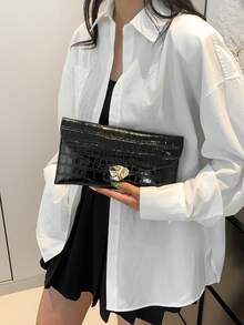 时尚发光简约女士手拿包，花卉浮雕亮片信封包，适合夜店使用 - 黑色 - 查看 3