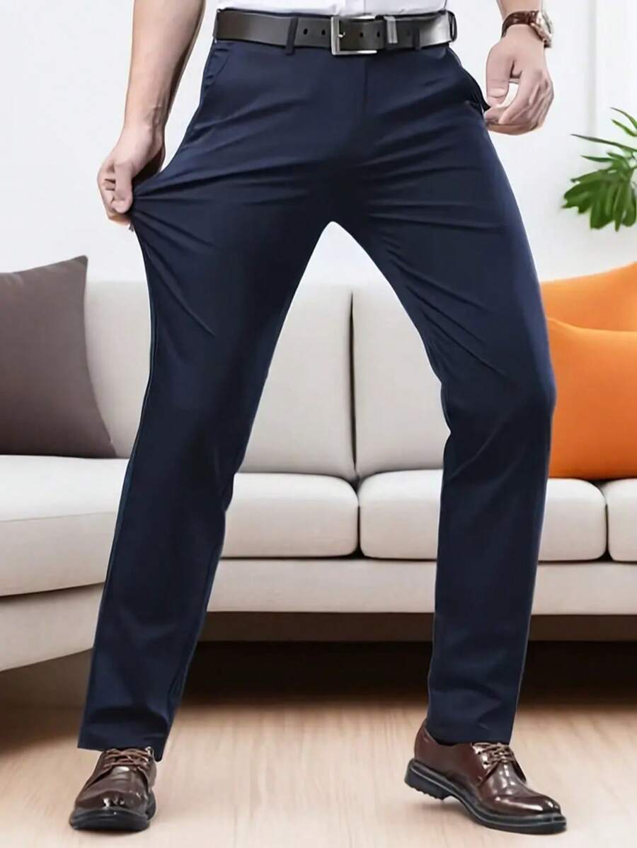Classic Design Men's Trousers, Solid Color Stretch Dress Pants For Business Occasions In Spring/Summer, Elegant Luxury Style