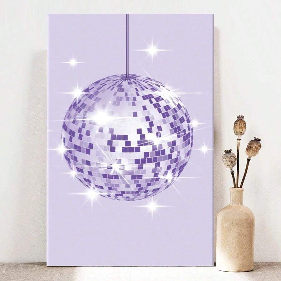 1pc Framed Canvas Wall Art Prints Poster, Purple Coquette Disco Ball Art Posters Canvas Print Painting For Living Room Bedroom Office Bathroom Dorm Home Decor, Ready To Hang - 彩色 - 查看 1