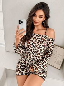 Leopard Print Patchwork Full Body Floral Ruffle Trim Asymmetric Collar Long Sleeve Top And Shorts Sleepwear Set, Elegant & Sexy, Fall Clothes