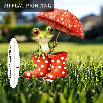 2D 亚克力青蛙撑伞花园桩 - 红色波尔卡圆点靴子异想天开的动物主题户外装饰，耐用的亚克力花盆和庭院地桩，节日礼物创意，青蛙户外装饰，波尔卡圆点主题，鲜艳的色彩设计