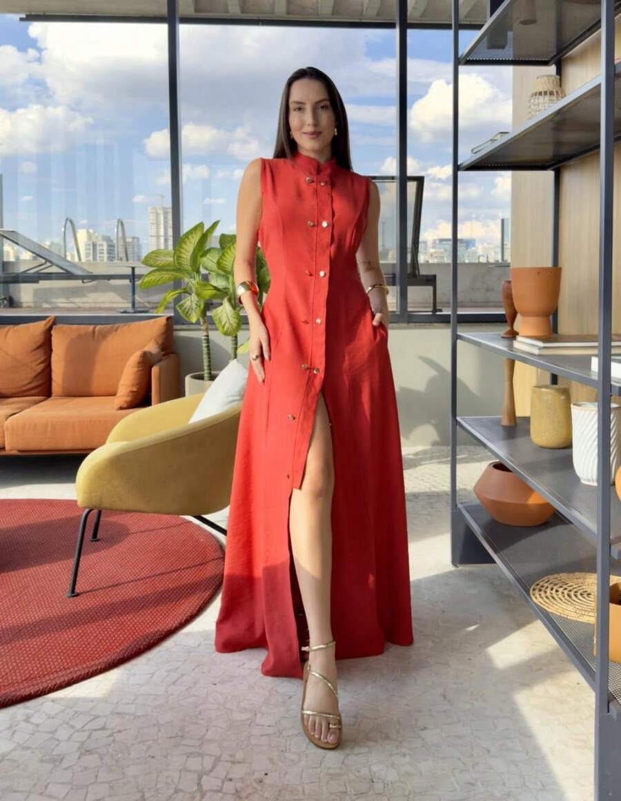 Long Dress With Pocket, Tailored, High Collar, Button, Evangelical Fashion Blogger - Burnt Orange - View 1