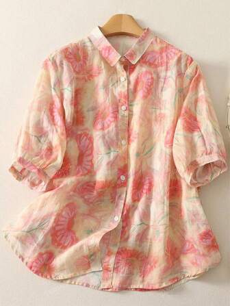 Ditsy Floral Linen Lapel Short Sleeve Blouse, Versatile Women Summer Shirt