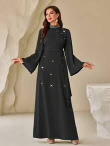 女士纯色立领、串珠领口、优雅长款缎面连衣裙（侧系带） - 黑色 - 查看 5