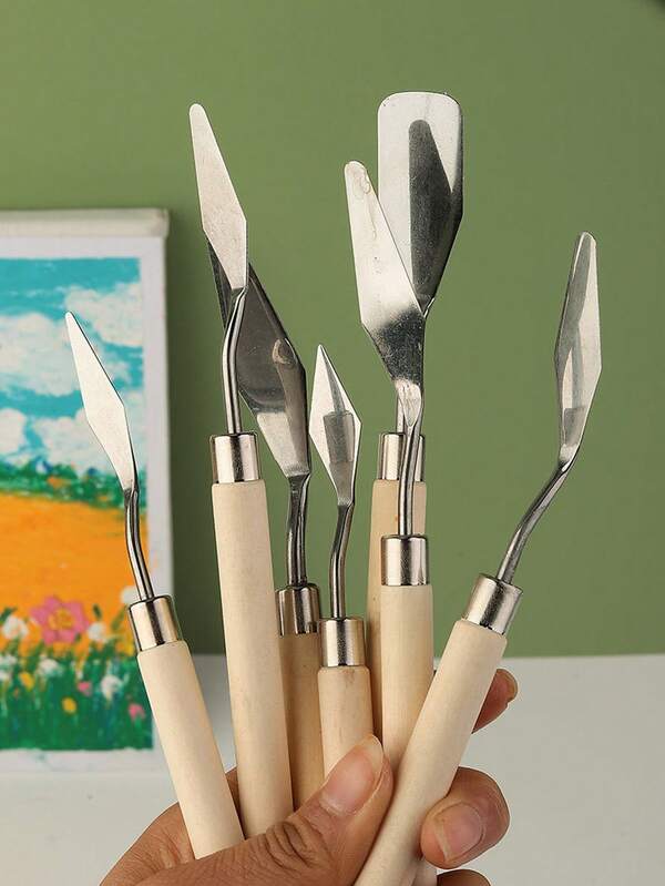7-Piece Color Mixing Palette Painting Tools, Wooden Handle Palette Knife Set For Gouache, Watercolor And Oil Painting, Fine Art Oil Painting Scraper Stainless Steel Pick Knife Oil Painting Knife Set, Small Scraper School Supplies,Back To School