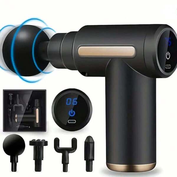 Tragbare wiederaufladbare Muskel Massagepistole mit LCD-Bildschirm, 6-stufiger Einstellung, Nacken Massagegerät mit 4 austauschbaren Massageköpfen, Tiefengewebsentspannung, USB aufladbare Lithium-Batterie, ergonomisches Design, perfekt für Gym, Büro und Reisen. Eine ideale Geschenkwahl.