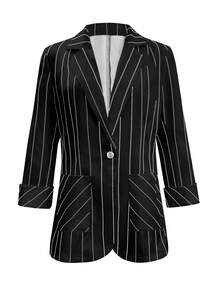 Áo khoác blazer giản dị tay 3/4 sọc mỏng đơn nút đơn giản mùa xuân/hè cho nữ - màu đen - Xem 3