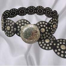1 buc Curea circulară din PU pentru femei, curea din metal cu lanț, curea din piele strălucitoare, stil boem la modă, potrivită pentru uz zilnic, vara, școala, toamna, Halloween