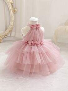 Baby Girls' Elegant Fuchsia Sleeveless Floral 3D Mesh Princess Dress, Adorable Party Gown Suitable For Girl's 1st Birthday, Wedding, Banquet, Holiday, Festival Celebration