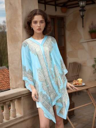 1 件佩斯利图案印花雪纺袖防晒斗篷，新款女式夏季和服，宽松薄款防晒服，适合骑行、户外、旅行、海滩