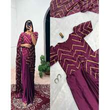 Burgundy Foil Work Readymade Saree Gown Stitched Blouse - Burgundy - View 1