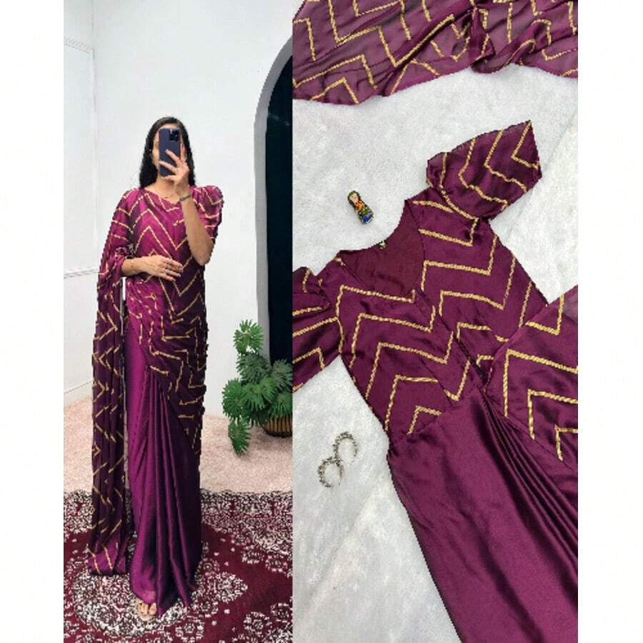Burgundy Foil Work Readymade Saree Gown Stitched Blouse - Burgundy - View 1
