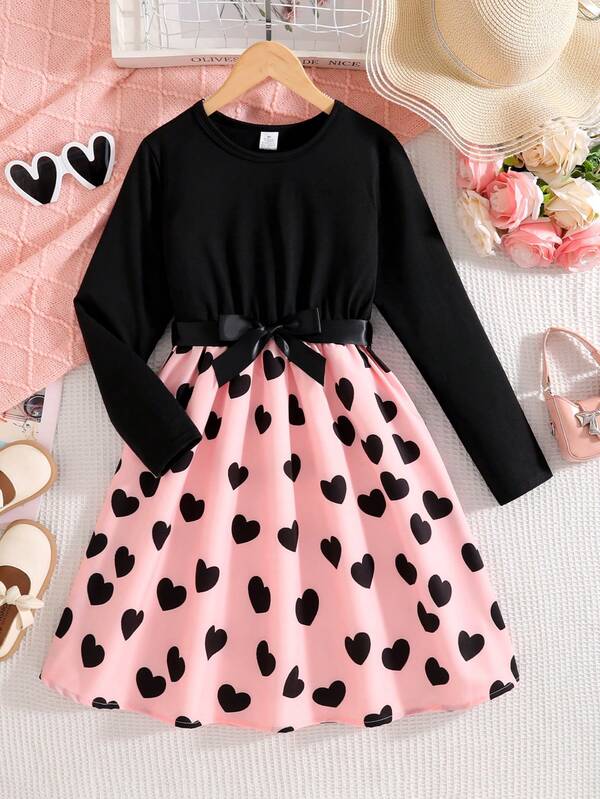 Robe polyvalente simple pour filles, printemps et automne. Top à manches longues col rond unicolore pour grandes filles. Robe mi-longue avec patchwork et impression de cœur sur toute la surface. Vêtement décontracté confortable pour l'extérieur, style streetwear pour filles