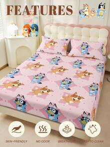 Bluey 1件蓝色小矮人图案床笠，蓝色小矮人图案床垫保护套，舒适床上用品，透气，抗起球，卡通床罩，家居装饰，适用于所有床型 - 单人床、双人床、大号床、特大号床，四季皆宜，可机洗，防尘防滑，不含枕头和枕套，节日礼物，秋季装饰，房间装饰 - 粉色 - 查看 5