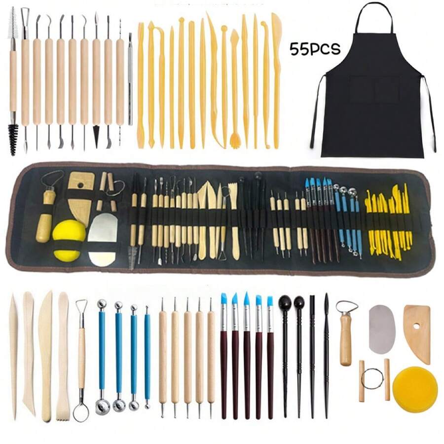 55 件陶瓷雕刻工具包，包括围裙、聚合物粘土工具、造型工具、细节雕刻笔、轮盘、7 个环形工具、陶器雕刻工具套件