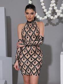 2025春季新款优雅性感女式网眼闪亮钻石露肩迷你连衣裙带手套，复活节晚会舞会亮片生日礼服 - 黑色 - 查看 2