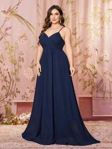 Váy Maxi Chiffon Thanh Lịch Có Eo Xếp Ly, Thiết Kế Hoa Thêu, Cổ Khăn Choàng Không Tay, Trang Trí Đính Hạt - Màu xanh hải quân - Xem 4