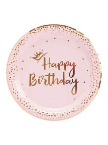 10 件/50 件/80 件浅粉色和玫瑰金生日快乐盘子杯子和餐巾餐具套装派对用品纸粉色和玫瑰金皇冠一次性蛋糕盘餐盘适合女孩公主女士生日派对装饰 - 彩色 - 查看 6