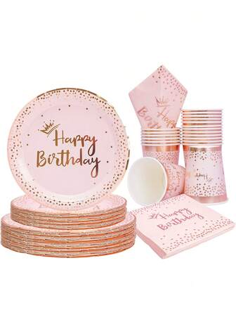 10pcs/50pcs/80pcs Light Pink And Rose Gold Happy Birthday Plates Cups And Napkins Tableware Set Party Supplies Paper Pink And Rose Gold Crwon Disposable Cake Plates Dinner Plates For Girl Princess Women Birhtyda Party Decorations
