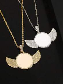 Personalized Rhinestone Studded Angel Wings Photo Necklace, Custom Photo Necklace, Hip Hop Photo Pendant, Iced Custom Round Photo Pendant, Silver, Stylish, Colorful, Vintage, Simple, Unisex, Casual, Cuties, Custom, Personalized, Unique, Ideal Gifts For Him, Ideal Gifts For Her, Her, Boyfriend, Girlfriend, Dad, Mom, Family, Friends, For Anniversaries, For Birthdays, For Graduation, For Prom, For Party, Stainless Steel Jewelry,Chic Autumn,Silver Stylish - Multicolor - View 2