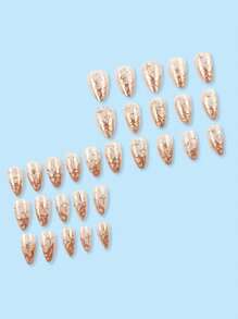 Instantly Upgrade Your Look With 24pcs Personalized Vintage Street Simple Daily Elegant 3D Gold Asymmetric Heavy Metal And Golden Asterism Rhinestone Decor French Short Almond Fake Nail Kit, Suitable For Elegant And Personalized Girls And Women To Use In Daily Life