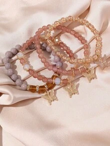 4pcs/Set Bohemian Style Multi-Layer Beaded Crystal Glass Butterfly Pendant Fashion Versatile Bracelet - one-size - View 6