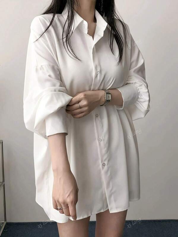 Camisa casual suelta de manga larga con cuello vuelto