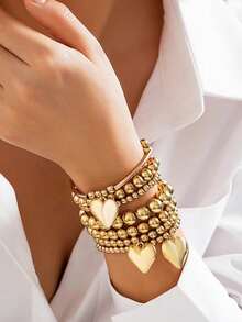 7pcs Vintage Minimalist Elegant Beaded Bracelet Set For Women, Daily, Commute, Date, Party, Holiday, Girlfriend Birthday Gift - 金色 - 查看 2