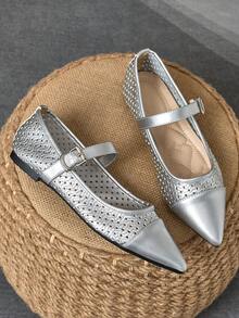 WHDXY 优雅的银色镂空平底鞋，适合日常穿着