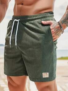 Men's Summer Solid Lightweight Corduroy Breathable Athletic Shorts, Suitable For Daily Casual, Beach Vacation, Corduroy Fabric Shorts For Men - Army Green - View 2