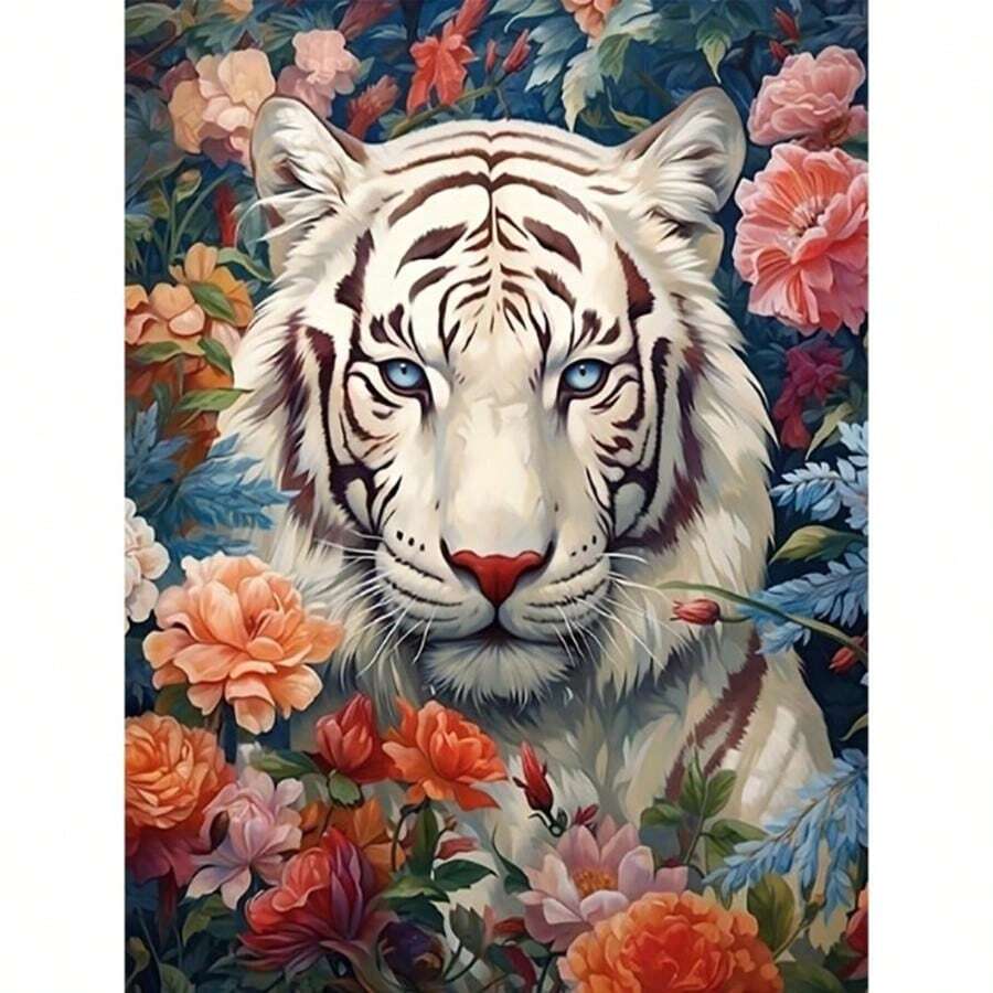 1 件套无框圆形钻石画套装，花卉与白虎主题 - 全钻石艺术，DIY 画布马赛克工艺套装，包含笔、胶水、钻石托盘和钻石珠。适合钻石画爱好者，精美家居墙面装饰礼物，儿童益智玩具，减压辅助工具