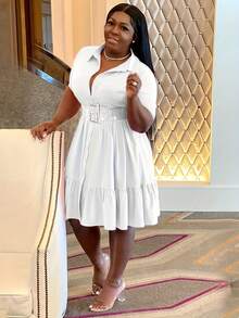 Plus Size Women's Solid Color Ruffled Hem Dress - Button Folded Lapel Design, Summer And Autumn Casual And Elegant Style - 白色 - 查看 3