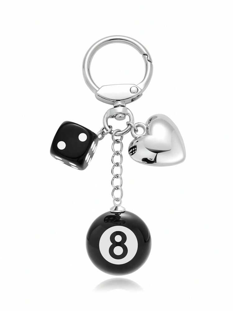 1pc Unisex Fashionable Keychain, Silver Heart Charm Keyring, Wallet Pendant, Cute Dice Car Key Accessory, Holiday Gift School Car Accessories Goth Y2k Bag Lanyards With Id Holder Car Accessories Bag Charms - Black - View 1
