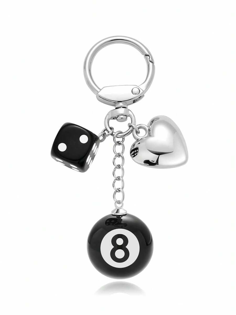 1pc Unisex Fashionable Keychain, Silver Heart Charm Keyring, Wallet Pendant, Cute Dice Car Key Accessory, Holiday Gift School Car Accessories Goth Y2k Bag Lanyards With Id Holder Car Accessories Bag Charms - Black - View 1