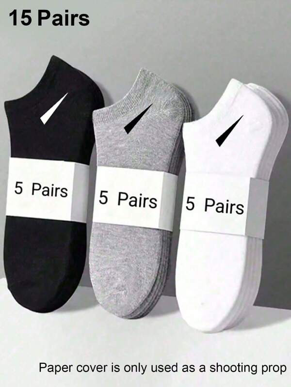 15 Pairs Unisex Short Socks, White/Black/Gray Sports Socks, Invisible Socks, Solid Color Simple And Fashionable, Suitable For Daily Casual Wear