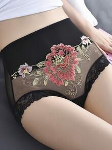 4 Pcs Women's Traceless Sexy Lace Embroidered Flower Mesh High Waist Semi-Perspective Triangle Panties