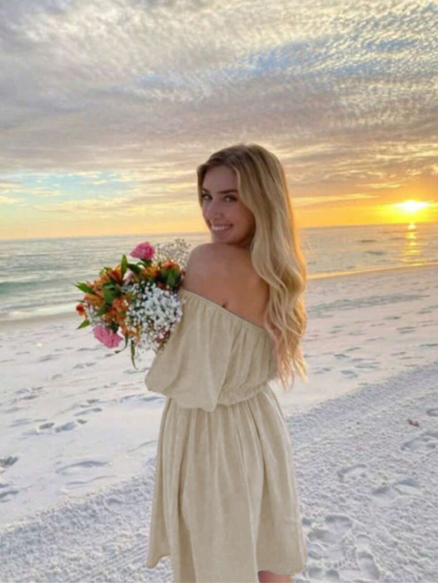 Vestido corto con hombros descubiertos, estilo vacaciones en la playa - Albaricoque - Ver 1